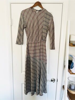 Zara Plaid Patchwork Asymmetrical Midi Dress Cream Rust Black Size XS